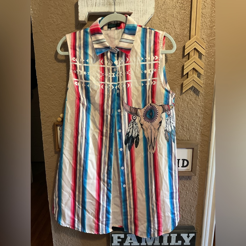 Fashion Express Serape Button Front Cow Skull Short Dress Women’s Size Medium